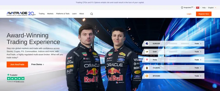 AvaTrade's homepage headline 'Award-Winning Trading Experience' with a navigation bar listing Forex, Crypto, Stocks, Indices, ETFs and Commodities markets