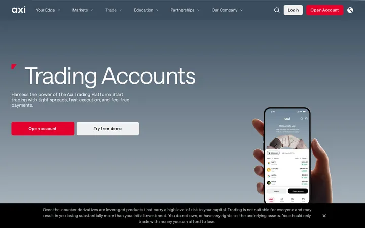 Axi's Trading Accounts page showing a smartphone displaying the Axi trading app's welcome screen and a CFD watchlist