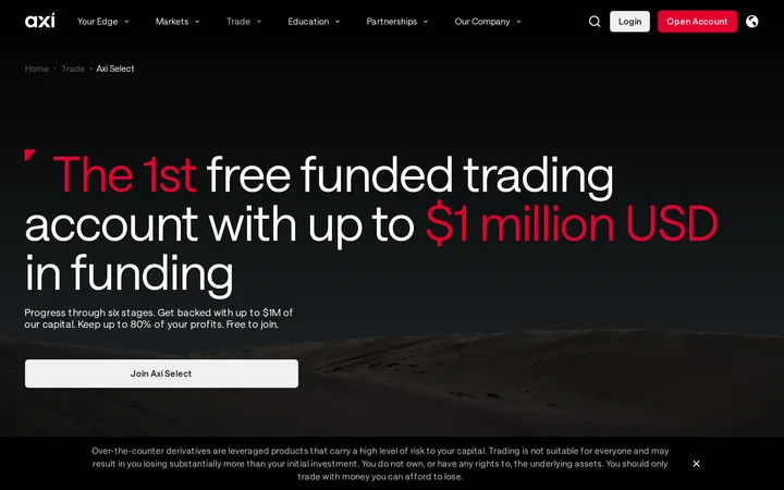 Axi Select's landing page headline reading 'The 1st free funded trading account with up to $1 million USD in funding'