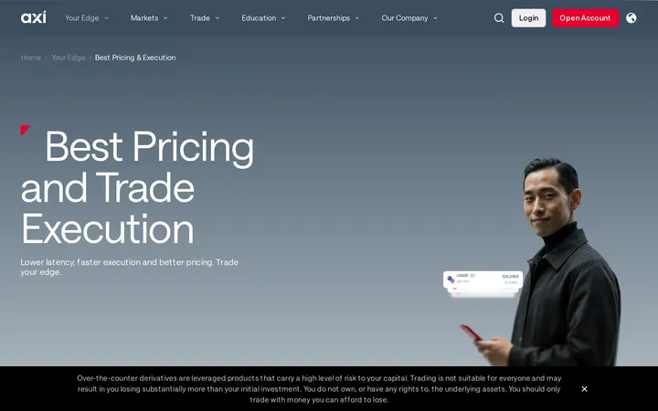 Axi's Best Pricing and Trade Execution page showing a live S&P 500 price card on a smartphone