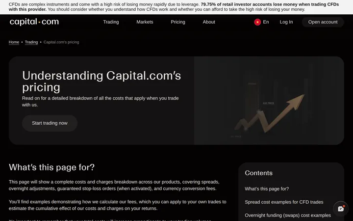 Capital.com pricing explainer page titled 'Understanding Capital.com's pricing' describing the cost breakdown across spreads, overnight adjustments and guaranteed stop-loss fees