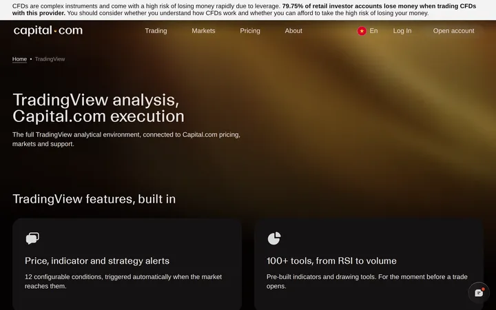Capital.com TradingView integration page reading 'TradingView analysis, Capital.com execution' with features listed for price alerts and over 100 charting tools