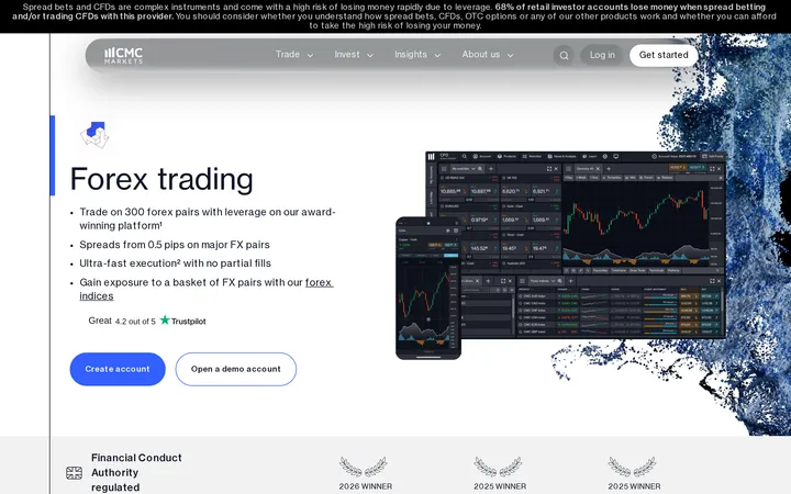 CMC Markets forex trading page reading 'Forex trading' and advertising 300 forex pairs with leverage plus spreads from 0.5 pips on major pairs