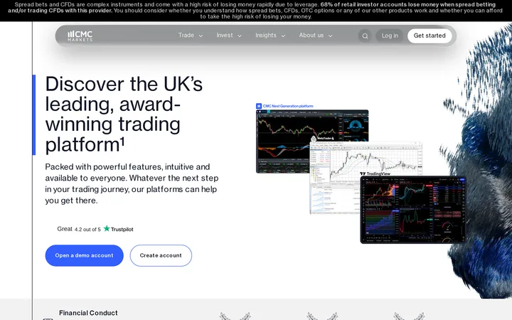 CMC Markets trading platforms page reading 'Discover the UK's leading, award-winning trading platform' with app screenshots shown on two devices