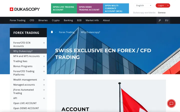 Dukascopy's forex trading page headed 'SWISS EXCLUSIVE ECN FOREX / CFD TRADING' with a section on holding an account at a real Swiss bank