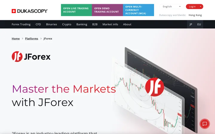 Dukascopy's JForex platform page headed 'Master the Markets with JForex'