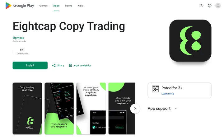 Google Play listing for the Eightcap Copy Trading app, showing its icon and screenshot previews