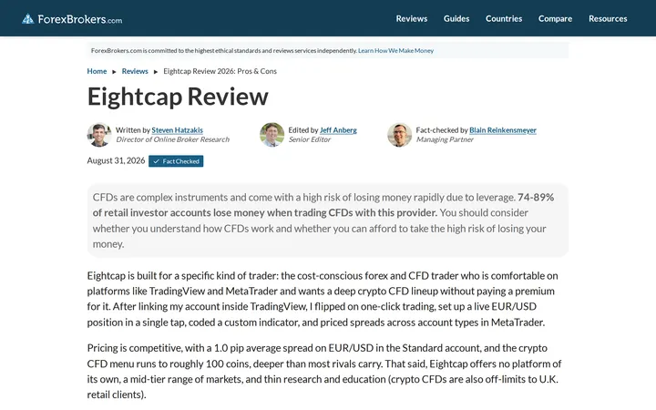 Eightcap review page from ForexBrokers.com, headed 'Eightcap Review' with author, editor and fact-checker credits