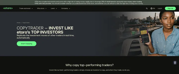 eToro's CopyTrader page reading 'CopyTrader, invest like eToro's top investors' above a why copy top performing traders section