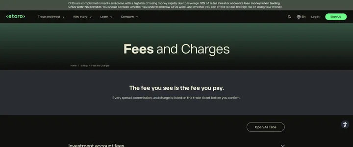 eToro's fees and charges page reading 'The fee you see is the fee you pay' above an investment account fees section