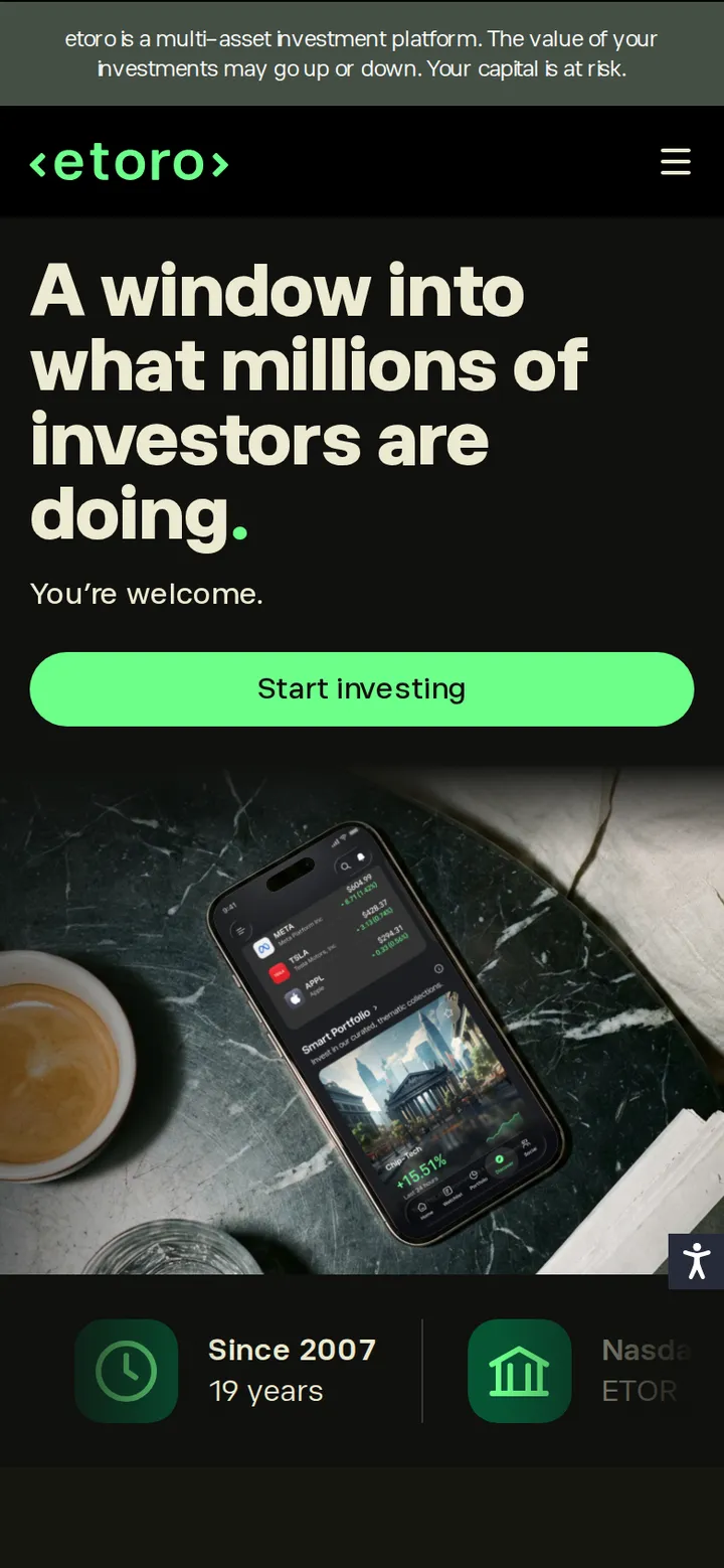 eToro's homepage rendered at phone width, showing the same hero banner condensed into a single mobile column