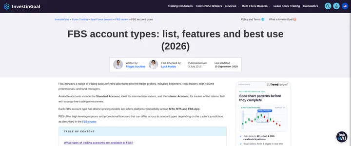 FBS account types page showing a comparison table for the Standard and Islamic accounts