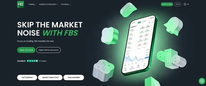 FBS homepage headline reading 'Skip the market noise with FBS' on a dark background