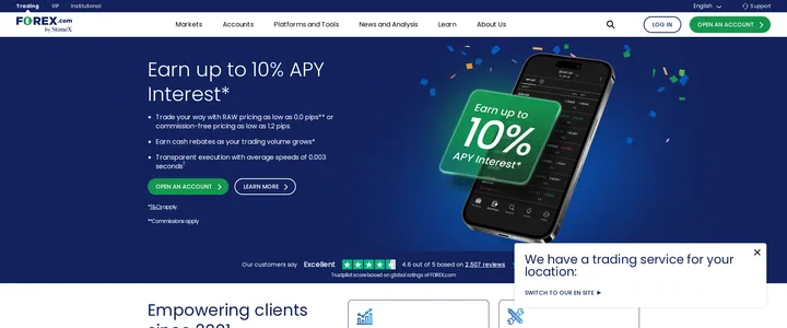 FOREX.com homepage claiming RAW pricing as low as 0.0 pips or commission-free pricing as low as 1.2 pips, with average execution speeds of 0.003 seconds