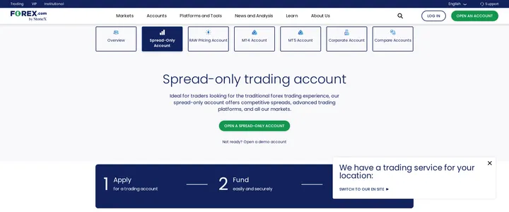 FOREX.com's Spread-Only Account page, one tab among Standard, RAW Pricing, MT4, MT5 and Corporate account options