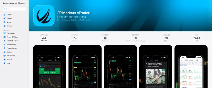 FP Markets cTrader app listing on Apple's App Store showing the account and chart screens