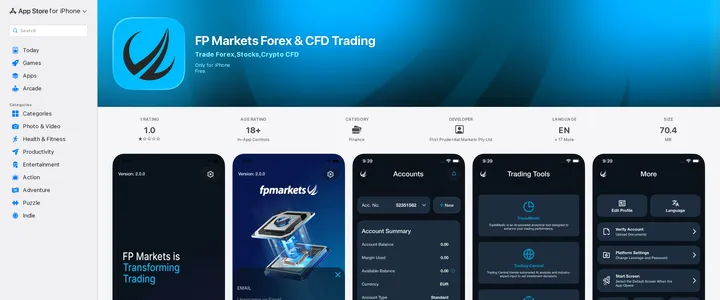 FP Markets Forex and CFD Trading app listing on Apple's App Store showing three phone screenshots