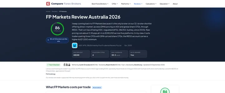compareforexbrokers.com.au FP Markets review page showing what FP Markets costs per trade