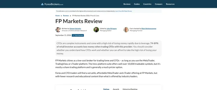 ForexBrokers.com's FP Markets review page