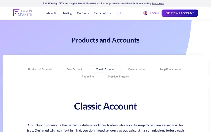 Fusion Markets Classic Trading Account page describing a spread-only pricing model for forex traders who want simplicity