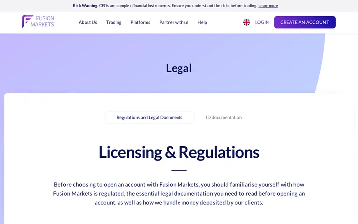 Fusion Markets Licensing and Regulations page listing the broker's legal entities and regulatory documents