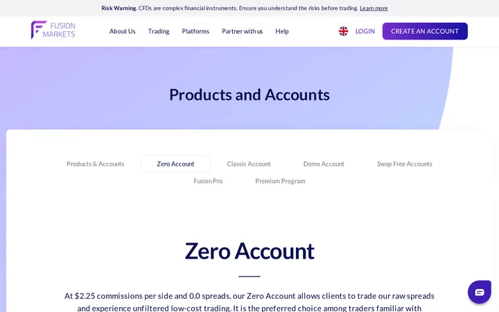 Fusion Markets Zero Trading Account page describing $2.25 commission per side and 0.0 spreads for raw, unfiltered pricing