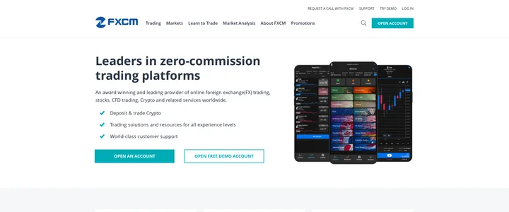 FXCM "Leaders in zero-commission trading platforms" markets page mentioning Algorithmic Trading Resources