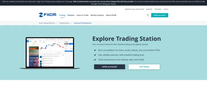 FXCM "Explore Trading Station" page showing the platform's chart and strategy interface