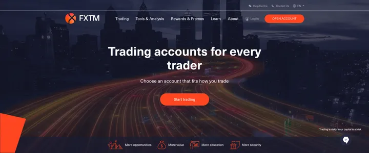 FXTM's accounts overview page headed 'Trading accounts for every trader' with the subheading 'Choose an account that fits how you trade'