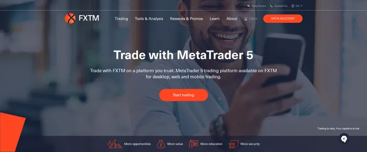 FXTM's MetaTrader 5 platform page headed 'Trade with MetaTrader 5', describing desktop, web and mobile access