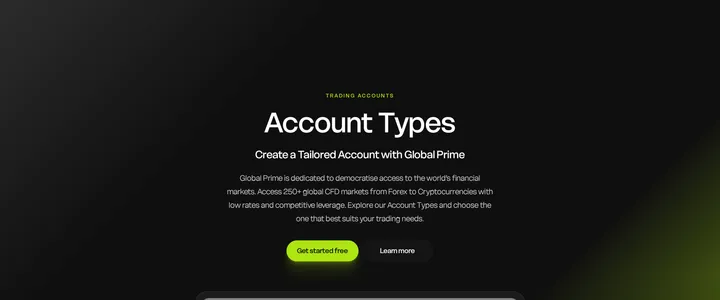 Global Prime account types page showing a popup to create a live or demo account with platform and currency options