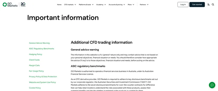 GO Markets legal information page describing ASIC regulatory benchmarks