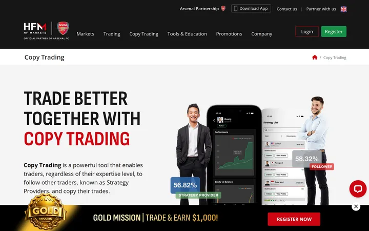 HFM Copy Trading page reading 'TRADE BETTER TOGETHER WITH COPY TRADING' describing the HFcopy program for strategy providers and followers