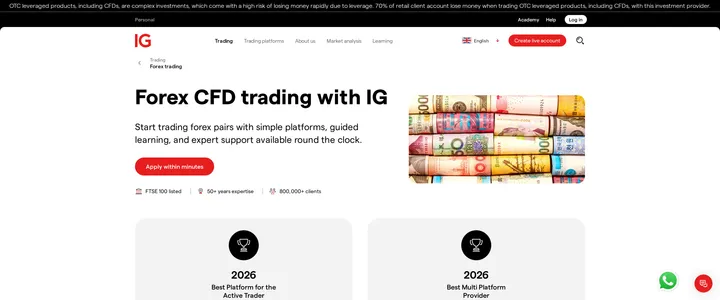 IG's forex page reading Forex CFD trading with IG above a currency notes image and a Best Platform for the Active Trader banner