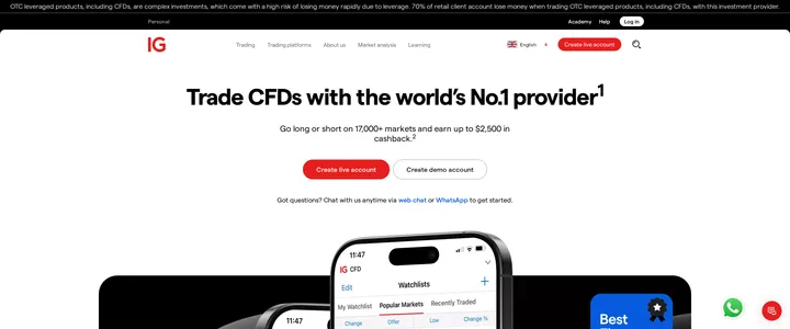 IG's homepage headline 'Trade CFDs with the world's No.1 provider' next to a cashback offer banner and live chat prompt