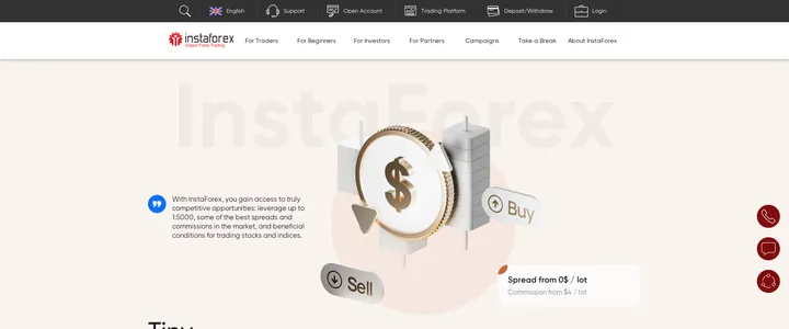 InstaForex homepage stating 'leverage up to 1:5000, some of the best spreads and commissions in the market' next to a Buy/Sell dial graphic and 'Spread from 0$/lot, Commission from $4/lot' banner