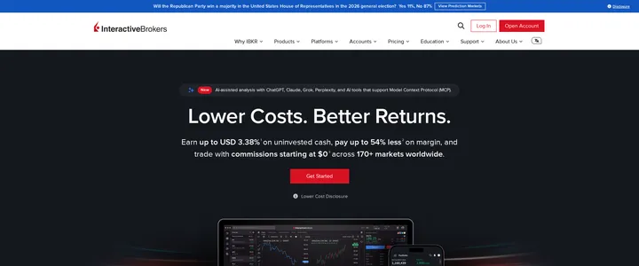 Interactive Brokers homepage headline Lower Costs, Better Returns, promising up to 3.38 percent on uninvested cash and commissions starting at 0 dollars