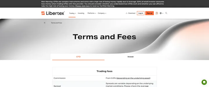 Libertex Terms and Fees page listing spreads as variable and starting from 0.0%
