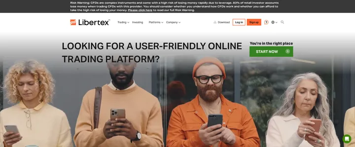 Libertex homepage headline 'Looking for a user-friendly online trading platform?' with a risk warning stating 83% of retail investor accounts lose money