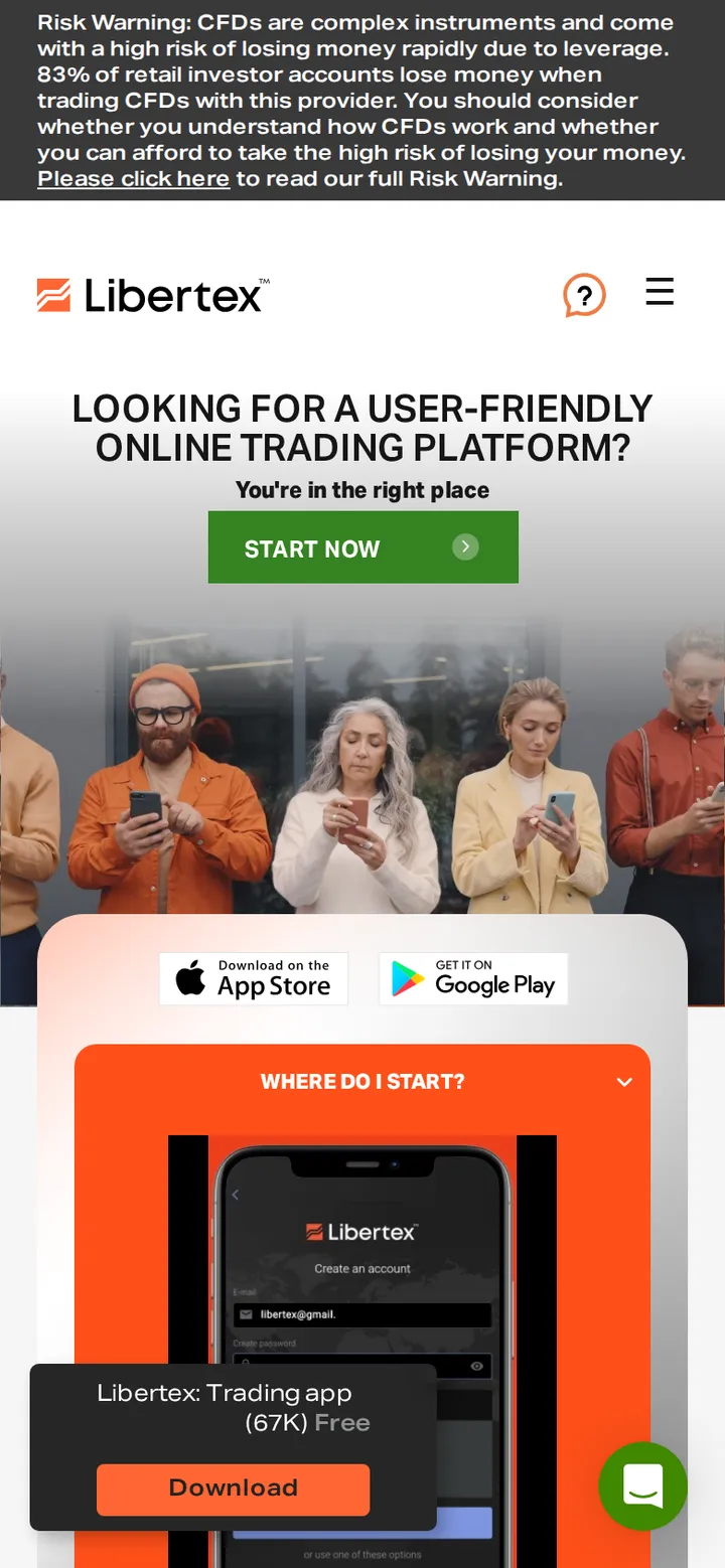 Libertex homepage viewed on a phone-width screen, showing the same "user-friendly" headline mobile users land on