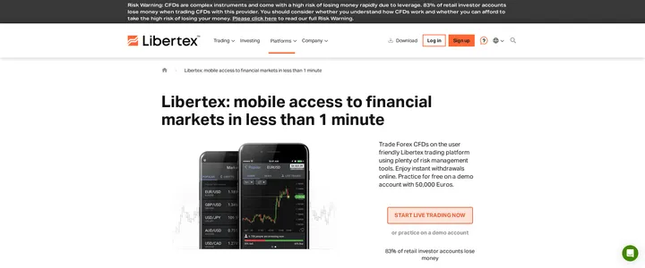 Libertex mobile trading platform screen shown on the "mobile access to financial markets" product page