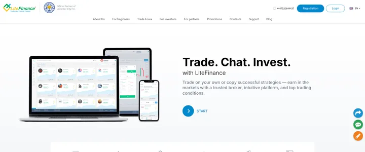 LiteFinance homepage reading Trade, Chat, Invest with LiteFinance, listing ECN, Classic and Demo account types