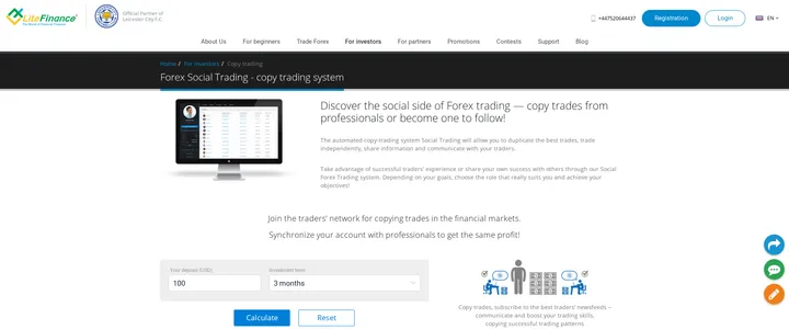 LiteFinance Social Trading page describing copying trades from professional traders