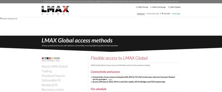 LMAX Global's access page reading 'Flexible access to LMAX Global' above a connectivity and access methods section listing Equinix and Interxion data centres