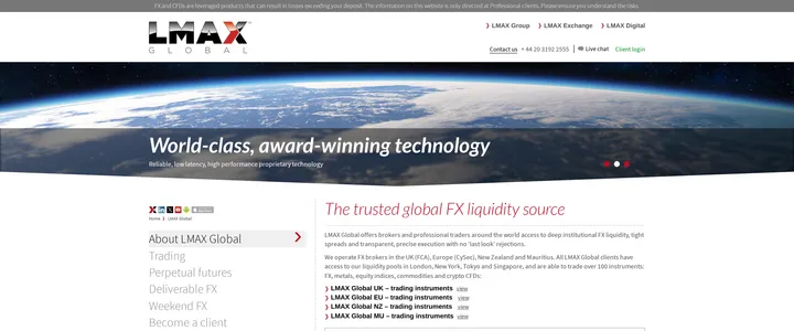 LMAX's global page reading 'The trusted global FX liquidity source' above a world-class award-winning technology heading