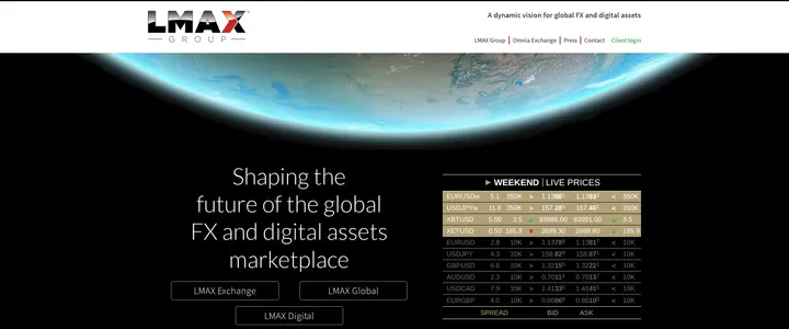 LMAX's homepage headline 'The trusted global FX liquidity source' beneath a world-class award-winning technology banner