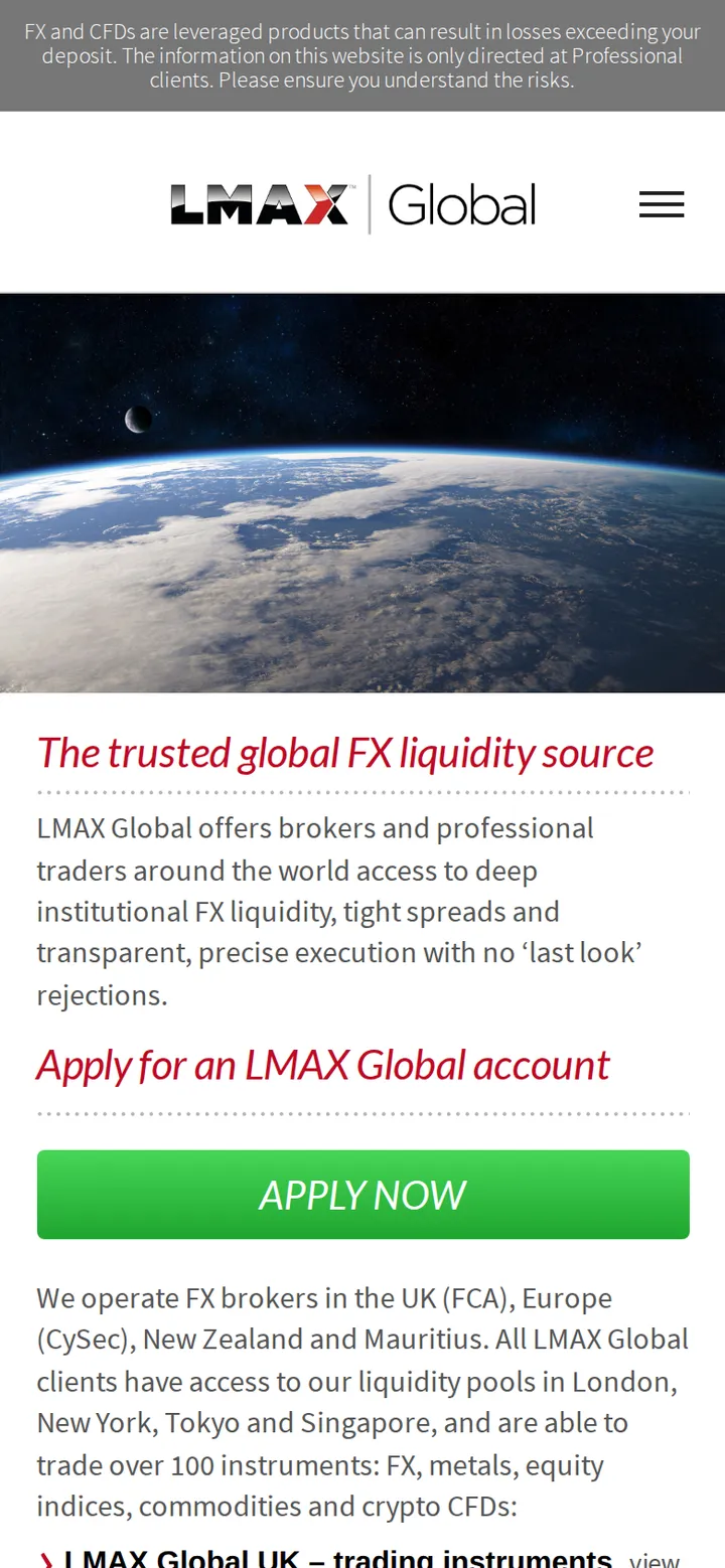 LMAX Global's homepage rendered at phone width, leading with regulatory detail about its UK, European, New Zealand and Mauritius entities
