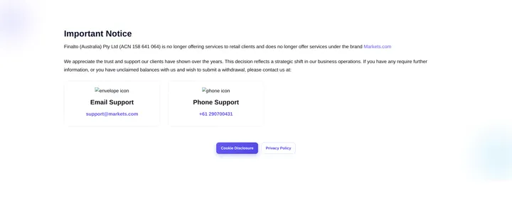 Markets.com Australian support notice about Finalto no longer serving retail clients
