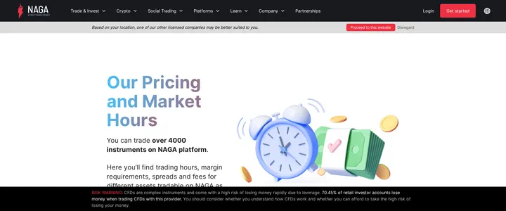 NAGA's market hours and fees page headed 'Our Pricing and Market Hours', noting that a different licensed entity may apply depending on location