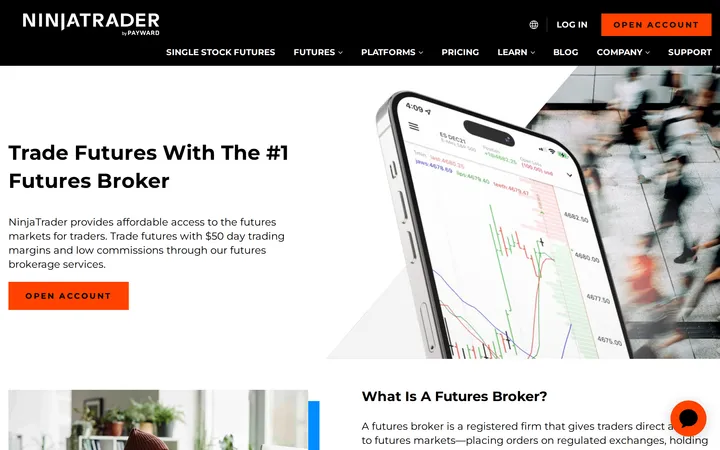 NinjaTrader futures broker page headline 'Trade Futures With The #1 Futures Broker' describing regulated market access